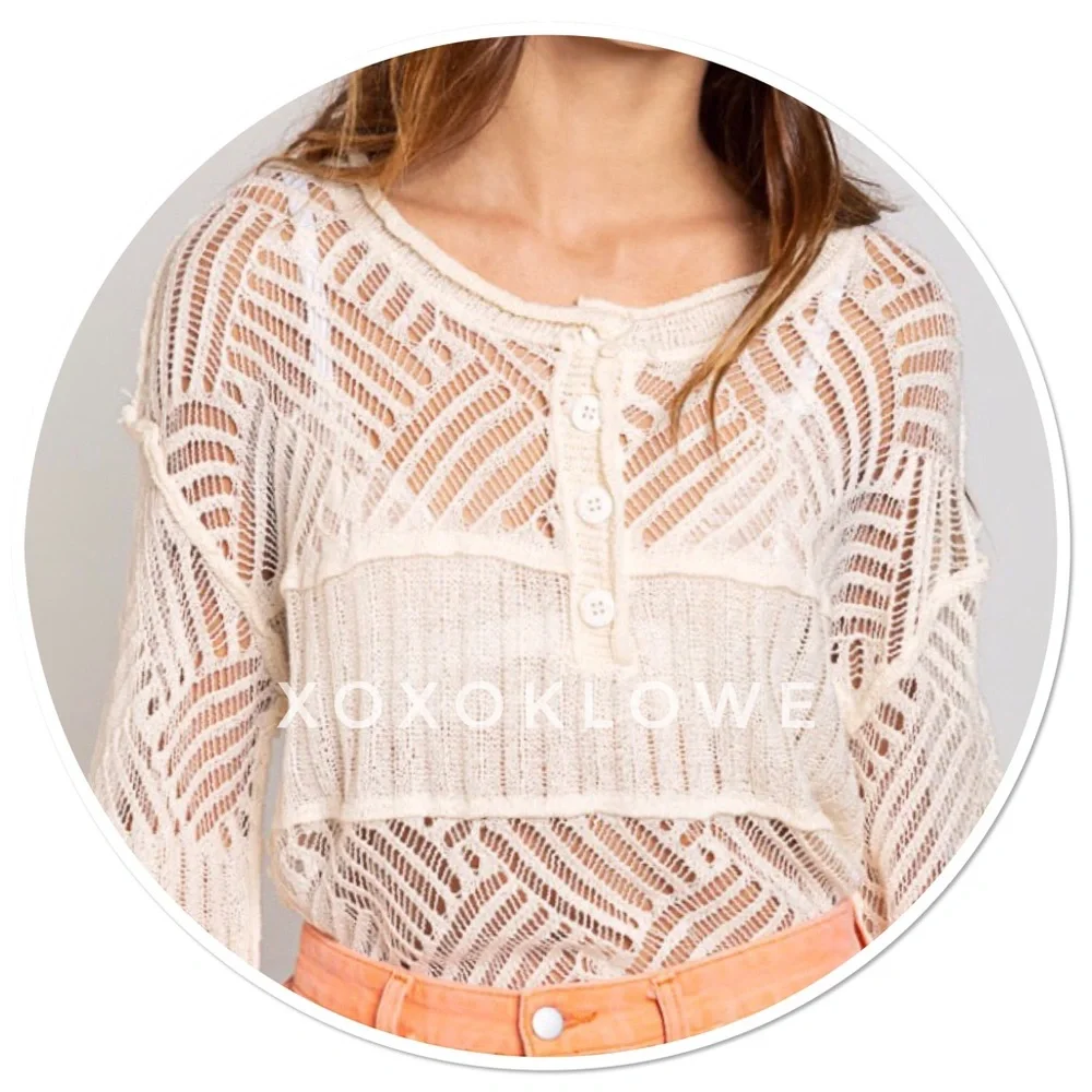 POL Open Weave Loose Knit Half Button Top
